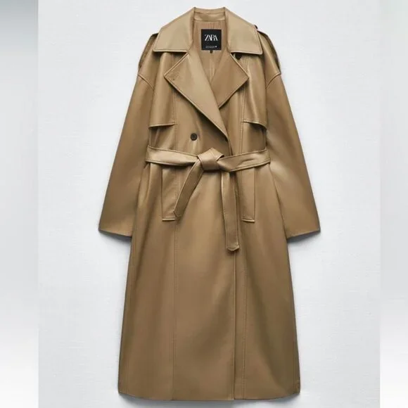BLOGGER'S FAVE! Zara Faux Leather Trench Coat Tan Brown NWT - Picture 10 of 13